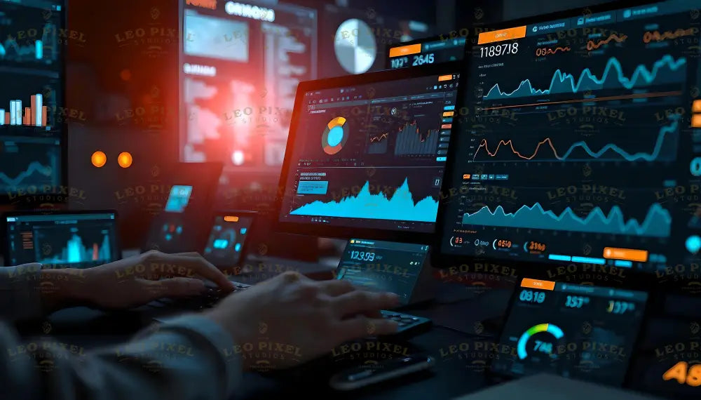 Multiple screens display dynamic graphs, bar charts, and metrics in a dark workspace illuminated by blue and orange hues. Hands operate a keyboard amidst a sleek setup. Line graphs show trends, while pie charts and numerical data emphasize performance analysis. Red light reflections add vibrancy to the high-tech atmosphere, enhancing the visual depth of this advanced monitoring station. Ai generated. Photography style..