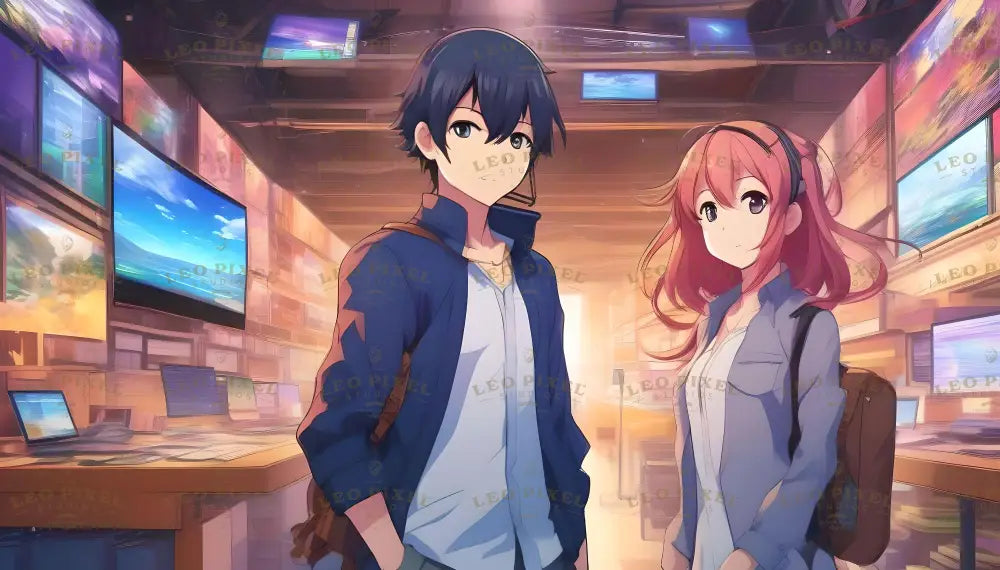 An anime-style illustration featuring a young man and woman standing in a technology store filled with screens, laptops, and glowing displays. The boy wears a dark jacket with a casual shirt underneath, while the girl has long, flowing red hair and a light jacket. Both carry backpacks, suggesting they are students or travelers. The scene is illuminated by warm, ambient light, creating a vibrant and modern atmosphere. Ai generated. Anime.