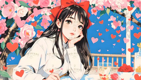 A stunning anime illustration of a girl resting her chin on her hand, her dark hair adorned with a vibrant red bow. Her large, expressive eyes gaze dreamily, framed by a backdrop of pink blossoms and floating hearts. A table set with a glass of water and roses adds a romantic ambiance. The bright blue sky and delicate floral details create a serene and whimsical charm. Ai generated. Anime style.