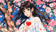 A captivating anime-style illustration of a girl with expressive green eyes and flowing dark hair, holding a vibrant red heart. She stands against a vibrant blue sky surrounded by blooming pink roses and scattered red and pink hearts. The intricate tree branches add depth, while the harmonious blend of colors evokes a dreamy and romantic atmosphere, radiating warmth and charm. Ai generated. Anime style.