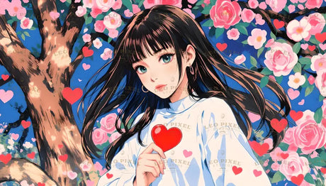 A captivating anime-style illustration of a girl with expressive green eyes and flowing dark hair, holding a vibrant red heart. She stands against a vibrant blue sky surrounded by blooming pink roses and scattered red and pink hearts. The intricate tree branches add depth, while the harmonious blend of colors evokes a dreamy and romantic atmosphere, radiating warmth and charm. Ai generated. Anime style.