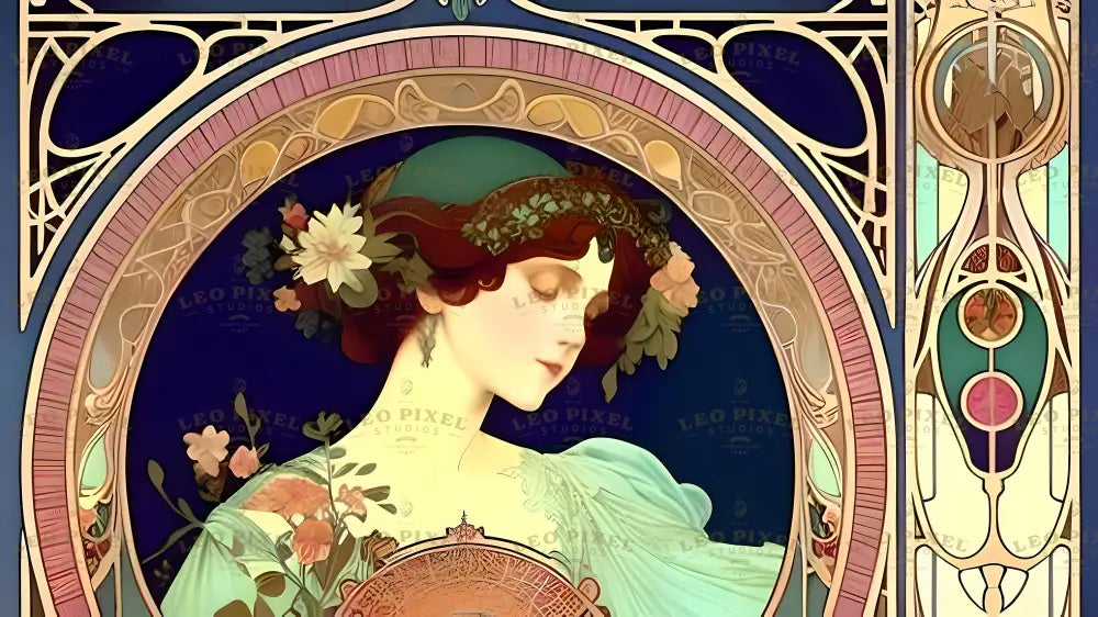 This image showcases a serene woman in profile, adorned with flowers in her auburn hair and a delicate green headpiece. She wears a flowing mint-green garment and holds an intricately designed circular fan. Surrounding her are ornate art nouveau patterns in gold and pastel shades, with a deep navy background enhancing the soft tones of the composition. Ai generated. Art nouveau style.