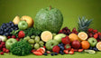 A vibrant arrangement of fruits and greens includes a large green melon, apples, pears, lemons, grapes, strawberries, blueberries, and a pineapple. Fresh herbs and leafy greens complement the fruits. Bright colors of red, green, and yellow contrast against the plain green background, creating a lively and fresh visual.