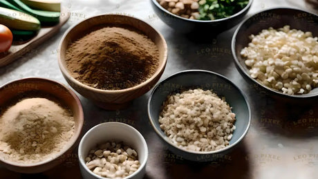 The image shows a collection of bowls filled with different ingredients on a soft, textured surface. A wooden bowl contains a heap of cocoa powder, while others hold puffed grains, white beans, and leafy greens. Smaller bowls have fine powders and seeds. In the background, there are slices of zucchini and a tomato placed on a wooden board, adding fresh colors to the scene. Ai generated. Photography style.