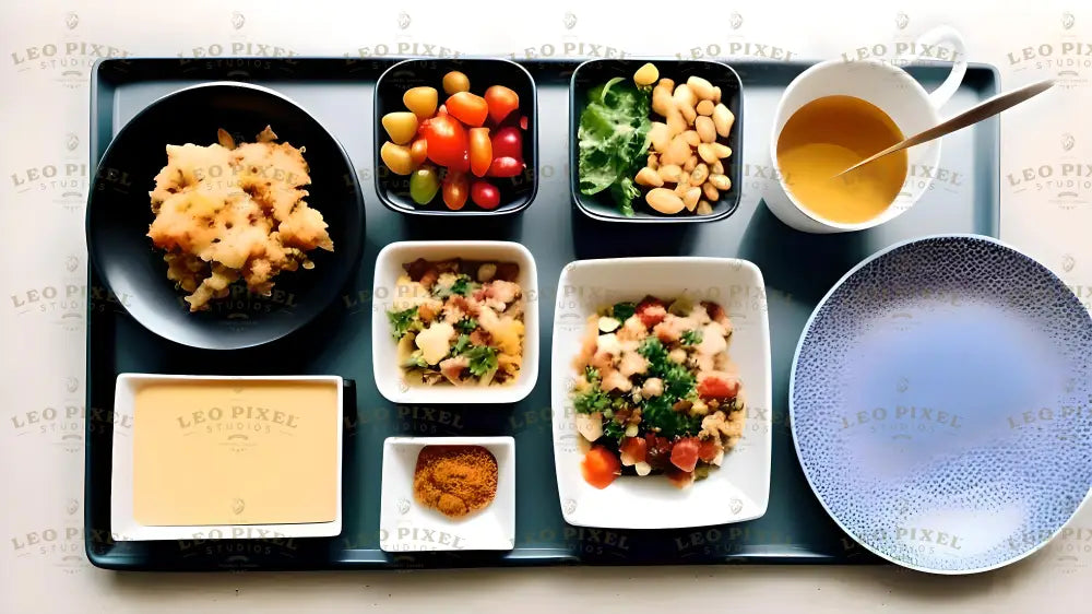 A neatly arranged meal tray featuring a mix of colorful and healthy dishes. It includes vibrant cherry tomatoes, leafy greens with beans, seasoned rice dishes in small white bowls, and a portion of fluffy baked crumble on a black plate. A bright yellow soup in a white cup, a serving of spice, and an empty textured blue plate complete the setup, highlighting freshness and variety. Ai generated. Flat lay photography style.