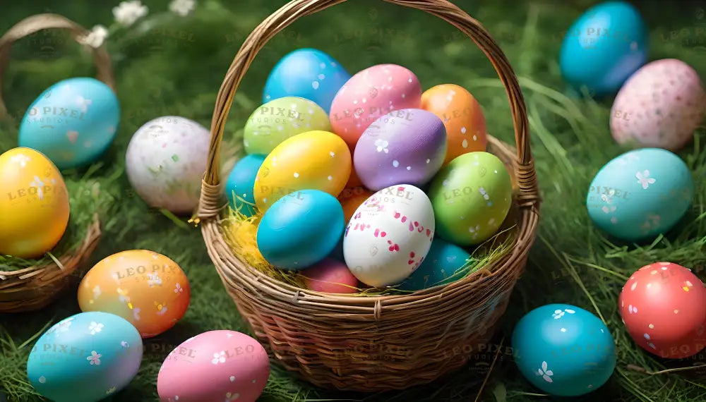 The image shows a wicker basket filled with colorful Easter eggs sitting on green grass. The eggs are painted in soft pastel colors like yellow, blue, pink, and green, with simple patterns such as dots, flowers, and hearts. Some eggs are scattered around the basket, and the background is filled with green grass and blurred, natural tones, creating a cheerful and festive look. Ai generated. Photography style.