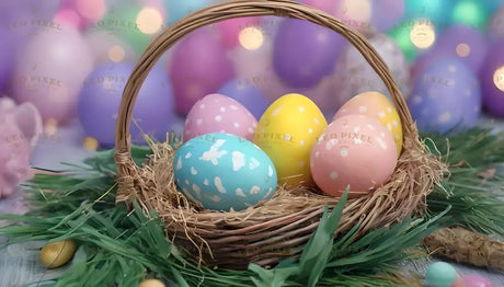 A small wicker basket holds pastel-colored eggs decorated with polka dots and patterns. The eggs are pink, blue, yellow, and soft peach, resting on straw. Surrounding the basket is green grass, while more eggs and soft bokeh lights fill the blurred background. The colorful and cheerful setup creates a fresh and festive springtime feel. Ai generated. Photography style.