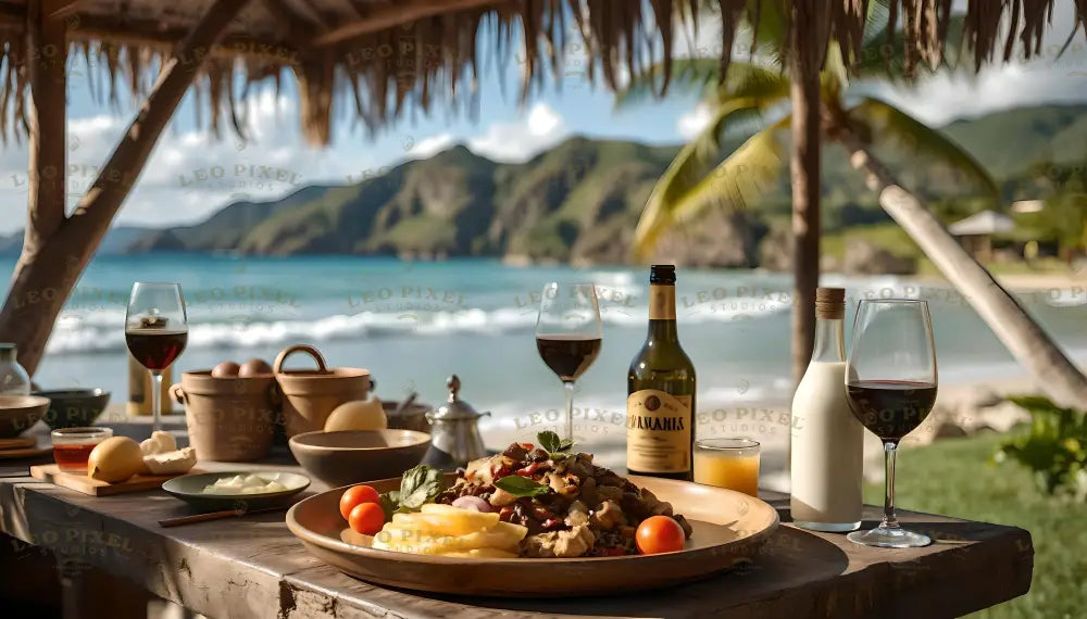 A serene seaside scene showcases a rustic table under a thatched roof. Plates of vibrant dishes, including cherry tomatoes, cheese, and a hearty main course, are paired with glasses of red wine and juice. The background features turquoise waves, lush hills, and a leaning palm tree, creating a relaxing tropical atmosphere. The soft natural light enhances the textures and colors of the meal and setting. Ai generated. Photography style.