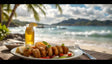 A sunlit plate of golden-brown fried snacks garnished with fresh mint sits atop slices of cucumber and tomato. Beside the dish, a glass bottle filled with amber-colored juice is topped with a lemon slice, glowing against the bright ocean backdrop. The gentle waves and distant hills add to the serene, tropical dining setting, while a fork rests on the rustic wooden table for a simple, elegant touch. Ai generated. Photography style.