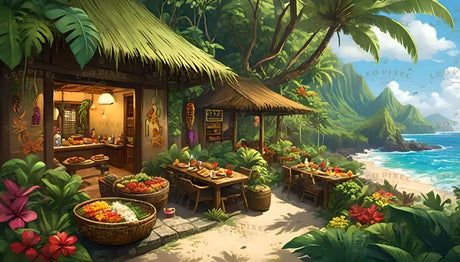 This vibrant scene features a tropical hut with a thatched roof, surrounded by lush greenery and bright flowers. Tables are laden with colorful tropical fruits and prepared dishes. Large baskets of produce sit nearby, while the backdrop displays towering green mountains and a sparkling blue ocean under a sunny sky, creating an inviting and serene atmosphere. Ai generated. Digital art style.