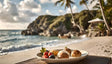 A ceramic plate on a wooden table displays boiled potatoes, cherry tomatoes, black olives, and a sprig of fresh green herbs. Behind, a serene beach scene unfolds with gentle waves, rocky cliffs, and swaying palm trees under a partly cloudy sky. A wooden boat rests on the shoreline, while a small gazebo is nestled among tropical greenery. Ai generated. Photography style.