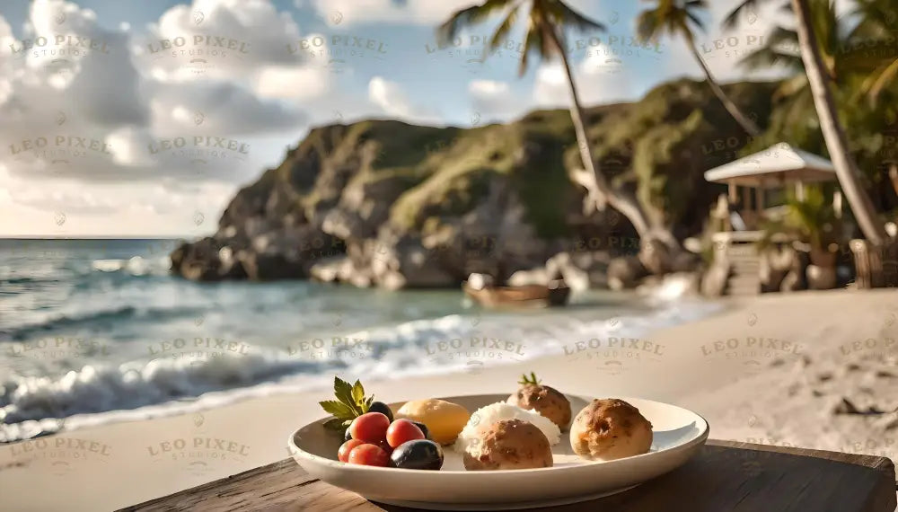 A ceramic plate on a wooden table displays boiled potatoes, cherry tomatoes, black olives, and a sprig of fresh green herbs. Behind, a serene beach scene unfolds with gentle waves, rocky cliffs, and swaying palm trees under a partly cloudy sky. A wooden boat rests on the shoreline, while a small gazebo is nestled among tropical greenery. Ai generated. Photography style.