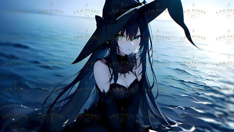 A character with long black hair and vibrant, mismatched eyes sits on a calm blue ocean. She wears a large, pointed black hat with a bow and a detailed dark dress. The serene water reflects soft light, adding depth to the scene. Her delicate features, flowing hair, and elegant attire contrast beautifully with the tranquil sea, creating a captivating visual. Ai generated. Anime style.