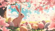 A serene anime-style scene shows a rabbit sitting gracefully among colorful, intricately designed Easter eggs on a lush grassy field. Surrounding the rabbit are soft pink cherry blossoms in full bloom, their petals drifting gently through the air. The vibrant blue sky, accented with fluffy white clouds and glowing sunlight, enhances the tranquil atmosphere of the setting. Ai generated. Anime style.