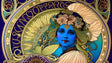 The image showcases a stunning art nouveau depiction of a woman with vibrant blue skin. Her flowing hair is adorned with soft floral accents. Ornate golden patterns and intricate designs surround her, featuring curves, arches, and a radiant halo-like motif. The deep blue and gold tones create a harmonious, ethereal aesthetic, emphasizing elegance and beauty. Ai generated. Art nouveau style.