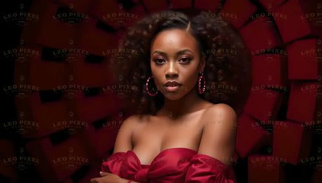 A captivating portrait of a woman with voluminous curly hair, her expression poised and confident. She wears a strapless red gown with a dramatic bow and matching hoop earrings. The background features abstract, shadowed red geometric patterns, enhancing the depth and focus on her refined features and elegant styling. Ai generated. Photography style.