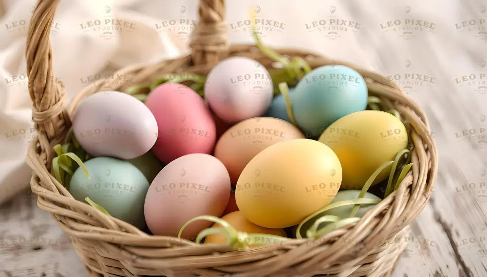 The image displays a wicker basket filled with smooth pastel-colored Easter eggs. The eggs, in shades of pink, blue, yellow, green, and white, are nestled among thin green ribbons, adding a decorative touch. The basket's woven texture complements the natural look, while the background of light, blurred fabric and a rustic whitewashed surface creates a soft and cheerful composition. Ai generated. Photography style.