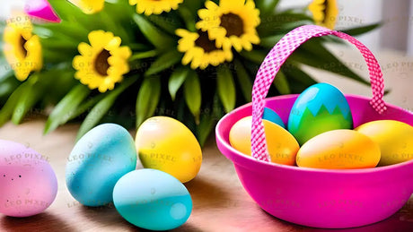 A pink plastic basket with a checkered handle is filled with glossy, colorful Easter eggs in shades of yellow, blue, green, and orange, with one featuring a zigzag pattern. Additional eggs, including speckled and gradient designs, rest on a smooth wooden surface. In the blurred background, vibrant yellow flowers with green leaves add a warm contrast to the composition. Ai generated. Photography style.