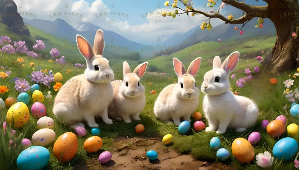 A group of adorable bunnies sits in a bright, flower-filled meadow surrounded by colorful decorated eggs. The vibrant green grass is dotted with pink, yellow, and purple flowers, and a blossoming tree adds charm to the scene. Rolling hills and a clear blue sky provide a peaceful backdrop, creating a cheerful and magical springtime atmosphere. Ai generated. Digital art style.