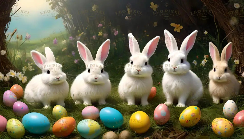 Five fluffy bunnies sit in a lush green meadow surrounded by vibrant, decorated eggs in pastel colors. Flowers and soft grass create a natural and peaceful backdrop, while sunlight filters through the trees. The cheerful colors of the eggs and the playful expressions of the bunnies make this scene a perfect representation of springtime joy. Ai generated. Digital art style.