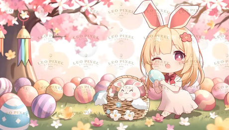 A chibi girl with bunny ears, a red bow, and a flower in her blonde hair winks cheerfully while holding a pastel blue Easter egg. A basket nearby contains a cute, smiling bunny and flowers. The background features a tree adorned with pink blossoms and a colorful wind ornament, surrounded by vibrant decorated eggs and scattered petals under soft, glowing light. Ai generated. Anime style.