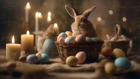 A light brown bunny sits in a basket filled with colorful pastel eggs. More eggs are scattered on a soft surface nearby. Warm candlelight glows in the background, creating a calm and cozy setting. The scene includes other baskets and soft fabrics, adding a natural and peaceful touch. The soft lighting highlights the bunny and the gentle colors of the eggs. Ai generated. Photography style.