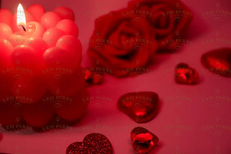 A close-up of a lit red candle shaped like a cluster of small hearts. The candle emits a soft glow, illuminating the smooth wax texture. Surrounding it are deep red artificial roses, glossy heart-shaped decorations, and a glittery heart ornament. The blurred background enhances depth, with the candle as the focal point. The warm lighting and rich tones create an intimate and moody photography style.