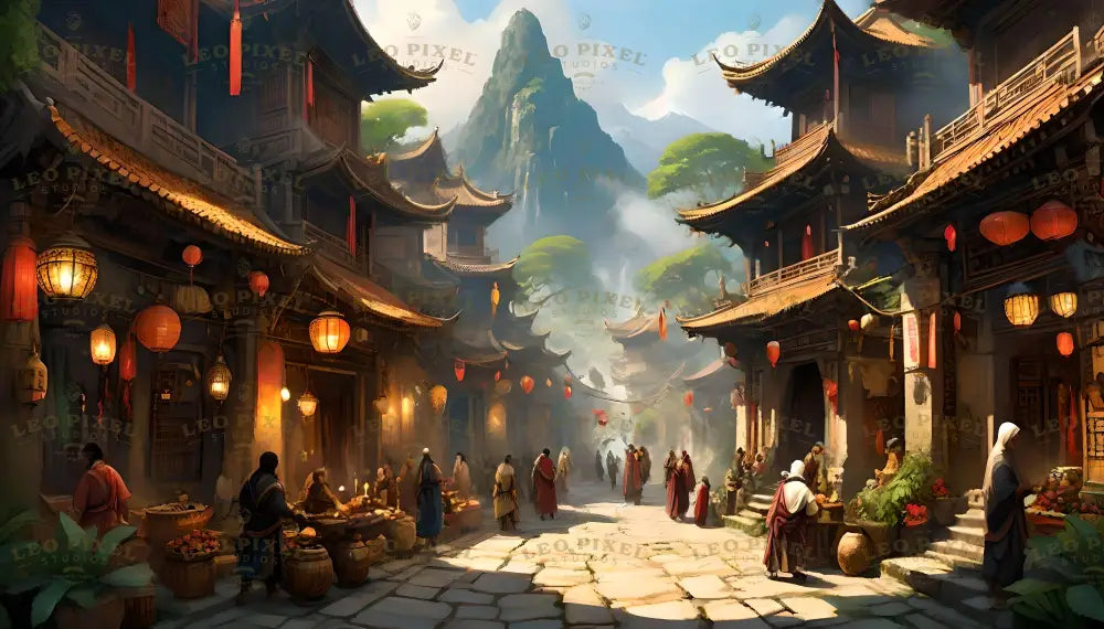 A lively street scene with traditional wooden buildings featuring curved rooftops adorned with red banners and lanterns. Warm light from hanging lanterns bathes the market stalls below, where vendors and customers engage. Stone paths guide the way between the vibrant activity, while distant misty mountains and lush greenery frame the scene under a bright sky. Ai generated. Digital art style.