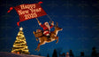 Santa Claus rides a majestic reindeer, soaring high under a clear, starry night sky. Holding a vibrant red banner that reads "Happy New Year 2025," he spreads joy and festive cheer. Below, a glowing Christmas tree and wrapped gifts brighten the snowy landscape, while a cheerful snowman waves from afar. This enchanting scene captures the magic of the New Year celebration, combining holiday wonder with the excitement of new beginnings Ai generated image.