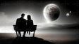 A black and white image depicting a couple sitting closely on a bench, silhouetted against a vast, otherworldly sky. A glowing full moon dominates the scene, casting a surreal light over rolling clouds and distant planets. The horizon meets a serene, reflective landscape, creating an ethereal and timeless atmosphere. The couple's figures symbolize intimacy amidst a vast, dreamlike cosmos. Ai generated image. Black and White.