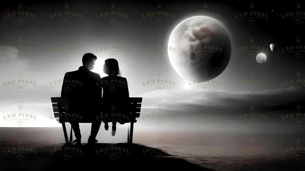 A black and white image depicting a couple sitting closely on a bench, silhouetted against a vast, otherworldly sky. A glowing full moon dominates the scene, casting a surreal light over rolling clouds and distant planets. The horizon meets a serene, reflective landscape, creating an ethereal and timeless atmosphere. The couple's figures symbolize intimacy amidst a vast, dreamlike cosmos. Ai generated image. Black and White.