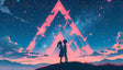 Underneath a vast starry sky, this Aesthetic anime style image features two silhouetted figures—a boy and girl—stand atop a hill, gazing at each other. The scene glows in a mix of deep blue and vibrant pink as ethereal geometric shapes, like cosmic arrows, illuminate the heavens with a dreamy, surreal light. Wisps of clouds drift in the distance, framing the mountain horizon, while the starlit atmosphere exudes peace, romance, and wonder. Ai generated image.