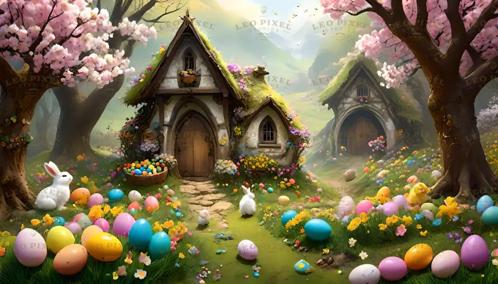 Two small, fairytale-like cottages with mossy roofs sit in a lush meadow surrounded by blooming pink trees and colorful flowers. Brightly decorated eggs are scattered across the green grass, and baskets of eggs rest near the doors. White rabbits add a playful touch to the scene, while soft sunlight illuminates the rolling hills and distant mountains, creating a magical spring atmosphere. Ai generated. Digital art style.