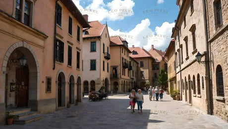 The image showcases a quaint street with stone-paved flooring, surrounded by pastel-colored buildings with arched doorways, balconies, and red-tiled roofs. People stroll leisurely, and outdoor seating with tables enhances the cozy atmosphere. Black lanterns adorn the walls, and the sky above is bright blue with fluffy white clouds, adding a serene vibe. Ai generated. Photography style.