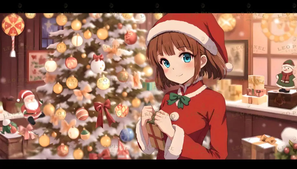 This delightful anime illustration features a cheerful girl in a red Santa outfit holding a wrapped present. Her vibrant blue eyes shine with warmth, matching the cozy glow of the beautifully decorated Christmas tree beside her. Surrounded by festive ornaments, gifts, and holiday cheer, the scene perfectly captures the magic of Christmas celebrations. Ai generated image.