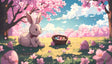 An anime-style illustration featuring a fluffy white bunny adorned with a red bow, sitting under pink cherry blossom trees. A wicker basket filled with vibrantly colored Easter eggs rests nearby on a sunny field. Pink flower petals scatter across the grass, with more pastel eggs dotting the landscape. The bright blue sky and soft clouds create a whimsical, cheerful atmosphere. Ai generated. Anime style.