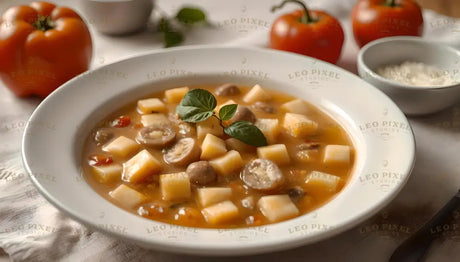 A white bowl filled with a hearty soup featuring chunks of soft cheese, button mushrooms, and a golden broth. Garnished with fresh basil leaves, the dish has a comforting and rustic appearance. Bright orange bell peppers and ripe tomatoes are placed in the background, alongside a small bowl of grated cheese, creating a warm and appetizing scene. Ai generated. Photography style.