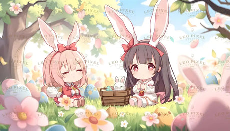 Two anime-style girls with bunny ears and red bows sit on lush green grass surrounded by pastel-colored Easter eggs and blooming pink flowers. A wooden basket containing a small white bunny and colorful eggs sits between them. The background features sunlight filtering through leafy trees, creating a warm, cheerful atmosphere with soft colors and gentle details. Ai generated. Anime style.