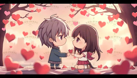 A charming cartoon-style illustration of a chibi couple surrounded by floating red hearts under two whimsical trees. The boy, with soft gray hair and a cozy blue sweater, gently holds a small red heart in front of the girl. She, with flowing brown hair and a schoolgirl outfit, gazes back lovingly. The background glows with a warm pastel sunset, creating a dreamy, romantic atmosphere. Ai generated image. 