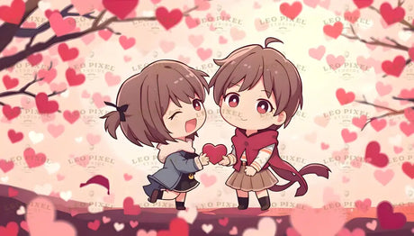 This adorable cartoon-style illustration features a sweet chibi couple surrounded by floating red and pink hearts. The boy, in a red cape and tan skirt, smiles gently as he holds a heart-shaped token, while the girl, in a cozy blue coat, playfully winks and reaches for it. Set against heart-filled trees and a dreamy pastel sky, this scene perfectly captures innocence, love, and joy. Ai generated image.