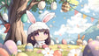 A chibi-style girl wearing a fluffy white bunny hat with pink ears lies in a sunny meadow surrounded by vibrantly decorated Easter eggs. Her large violet eyes gaze upward under a tree adorned with hanging eggs, ribbons, and pastel bunting. Cheerful flowers and butterflies dot the grassy field, while a smiling bunny toy adds a playful touch to the festive scene. Ai generated. Anime style.