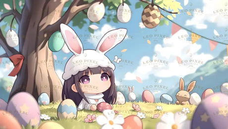 A chibi-style girl wearing a fluffy white bunny hat with pink ears lies in a sunny meadow surrounded by vibrantly decorated Easter eggs. Her large violet eyes gaze upward under a tree adorned with hanging eggs, ribbons, and pastel bunting. Cheerful flowers and butterflies dot the grassy field, while a smiling bunny toy adds a playful touch to the festive scene. Ai generated. Anime style.