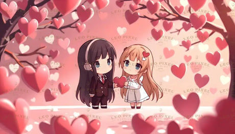 A delightful cartoon-style illustration of two chibi girls sharing a tender moment in a whimsical heart-filled setting. Surrounded by floating pink and red hearts and framed by charming heart-covered trees, the two girls hold a large red heart together. One wears a suit with headphones, while the other dons a white dress, their joyful expressions capturing a sweet celebration of love and friendship. Ai generated image.