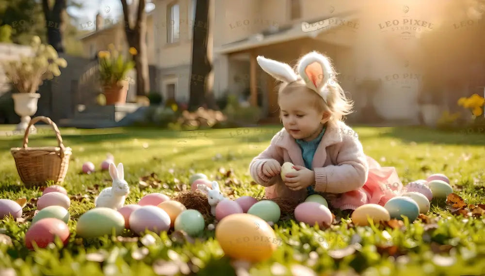 The image depicts a young child wearing bunny ears, sitting on a sunlit lawn surrounded by pastel-colored Easter eggs. The child is holding an egg and dressed warmly in a pink coat and a blue sweater. A wicker basket and a small white bunny figurine are nearby. The background shows a cozy house with blurred plants and trees, bathed in soft golden sunlight, creating a festive, cheerful scene. Ai generated. Photography style.