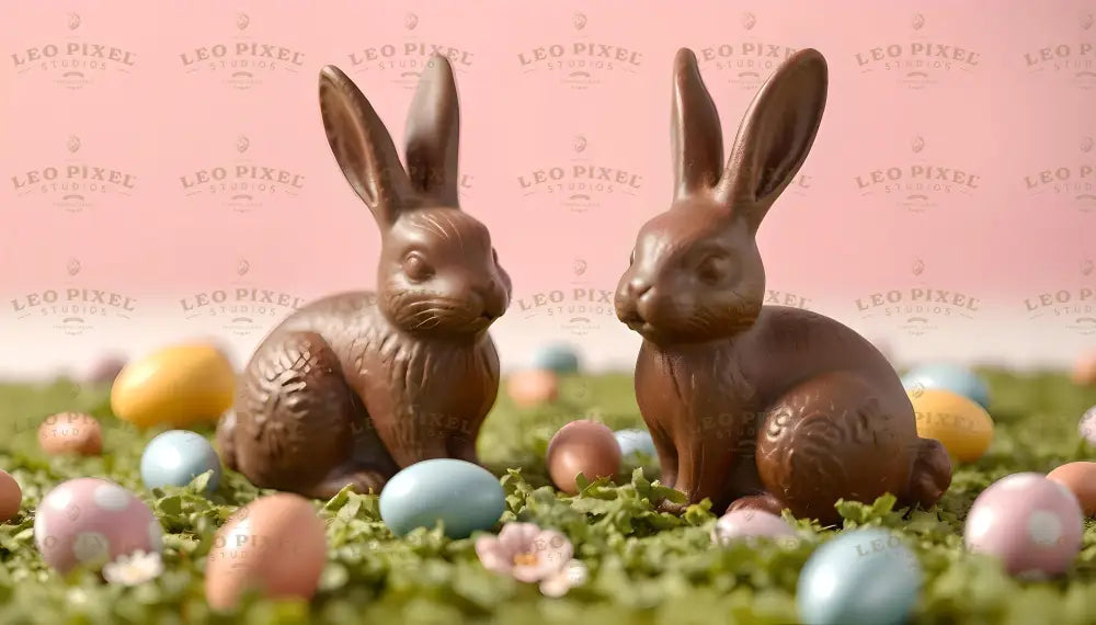 The image shows two detailed chocolate bunnies placed on vibrant green grass with scattered pastel-colored Easter eggs. The eggs feature soft tones of pink, blue, yellow, and cream, with dotted patterns. Small pink and white flowers add a delicate touch. The blurred pink background complements the festive scene, highlighting the bunnies and eggs. Ai generated. Photography style.