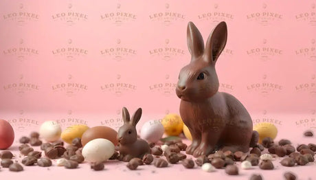 The image shows a large and a small chocolate bunny surrounded by scattered chocolate pieces and pastel-colored eggs. The background is a soft pink, highlighting the rich brown of the chocolate and the light tones of the eggs. The smooth textures of the bunnies and the colorful Easter theme create a delightful festive atmosphere. Ai generated. Photography style.