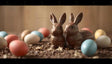 The image displays two detailed chocolate bunnies sitting side by side on a surface covered with chocolate crumbles and small candies. Surrounding them are pastel-colored eggs in shades of blue, pink, cream, and yellow, scattered randomly. The warm beige background adds softness and enhances the festive Easter theme. Ai generated. Photography style.