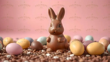 The image showcases a smooth chocolate bunny standing upright on a bed of mixed chocolate beans and candies. Surrounding it are pastel-colored Easter eggs in soft shades of pink, yellow, blue, and cream. The background is a soft pink, adding a gentle contrast that enhances the festive, playful atmosphere of the scene. Ai generated. Photography style.