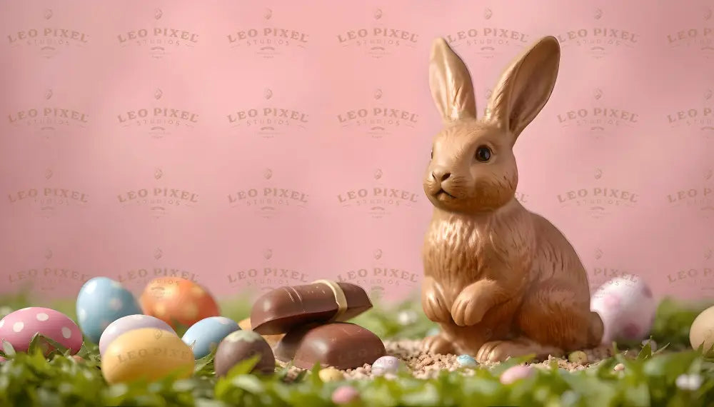 A shiny chocolate bunny figurine is positioned on vibrant green grass, surrounded by colorful eggs in pastel hues of blue, pink, yellow, and orange with dotted designs. Nearby, small chocolate pieces lie on a scattered bed of crumbs. The background is a soft pink gradient, highlighting the festive and playful Easter theme. Ai generated. Photography style.