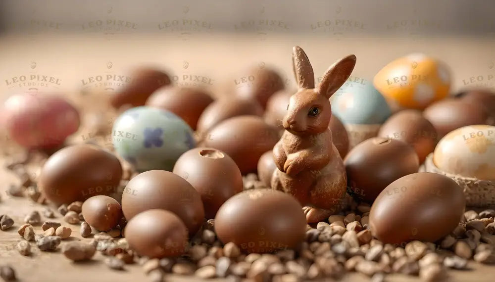 A small chocolate bunny sits on a surface filled with smooth chocolate eggs, surrounded by scattered pebbles. Among the chocolate eggs, a few are decorated in pastel colors with floral and patterned designs, adding variety. The scene is softly lit, with a beige backdrop that emphasizes the warm tones of the chocolate and decorative eggs. Ai generated. Photography style.